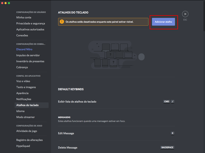 Como adiciono diferentes Atalhos? – Discord