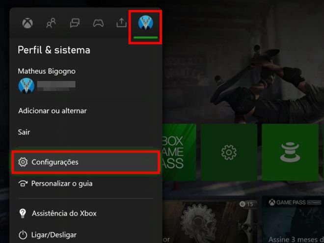 Pressione o botão "Xbox" do controle, acesse a aba "Perfil & Sistema" e clique em "Configurações" (Captura de tela: Matheus Bigogno)
