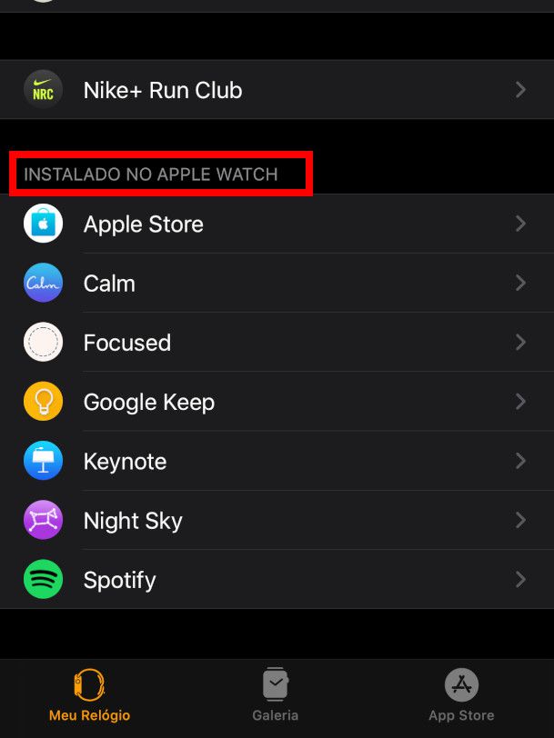 Na seção "Instalado no Apple Watch", selecione o app que você quer remover (Captura de tela: Camila Rinaldi)