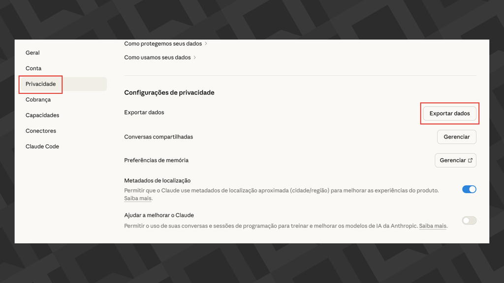 Passos para exportar dados do Claude