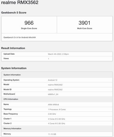 Realme GT Neo 3 no Geekbench