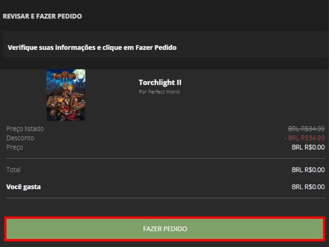 Clique em "Fazer pedido" para finalizar o processo e, em seguida, você poderá baixar o jogo diretamente no app em seu PC (Captura de tela: Matheus Bigogno)