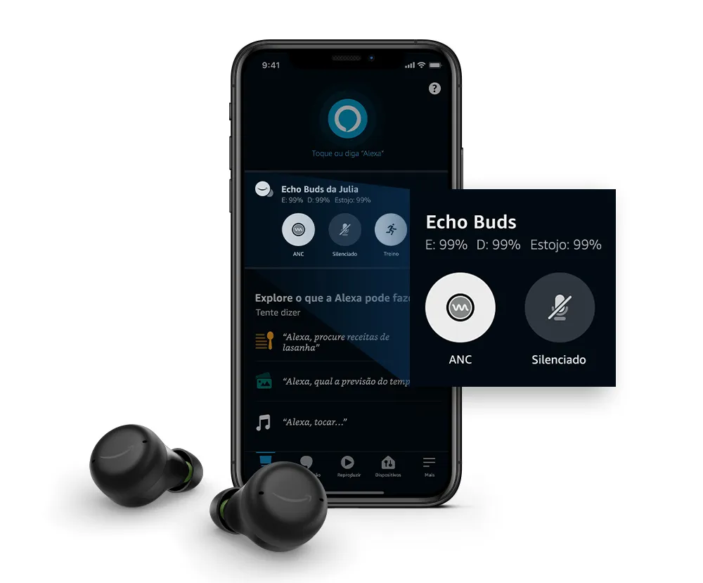 Aplicativo Alexa integra funções e controles do Echo Buds (Imagem: Reprodução/Amazon)