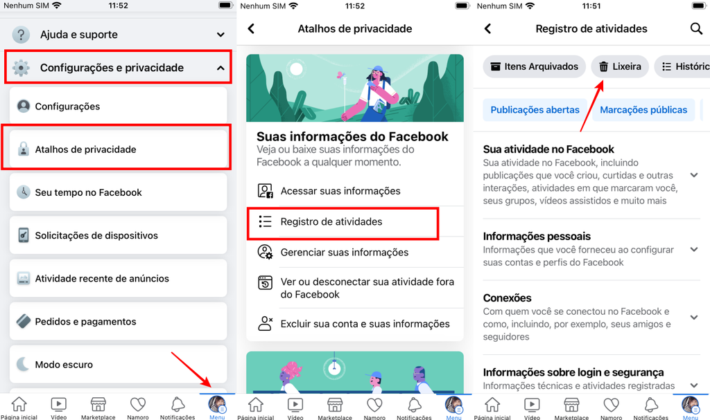 É possível acessar a lixeira do Facebook pelo aplicativo para celulares e tablets (Imagem: Captura de tela/Fabrício Calixto/Canaltech)