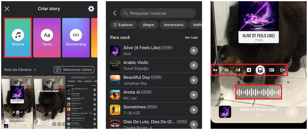 Como colocar música nos Stories do Facebook: rede social tem botão dedicado para músicas (Captura de tela: Caio Carvalho)