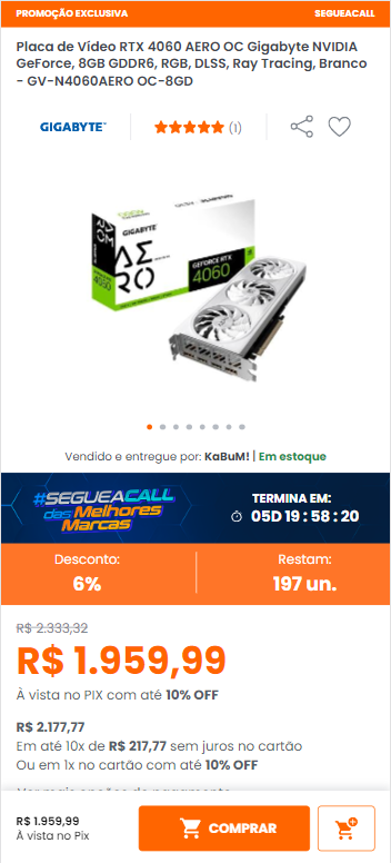 PLACA VIDEO GIGABYTE GEFORCE RTX 4060 AERO OC 8GB GDDR6 DLSS 3 GV