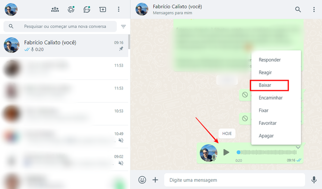 Você pode baixar áudio de conversas do WhatsApp Web (Imagem: Captura de tela/Fabrício Calixto/Canaltech)