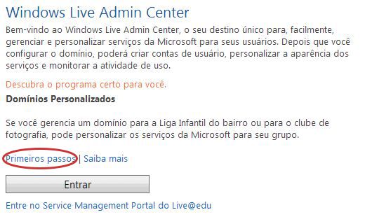 Windows Live Admin Center - Tela inicial