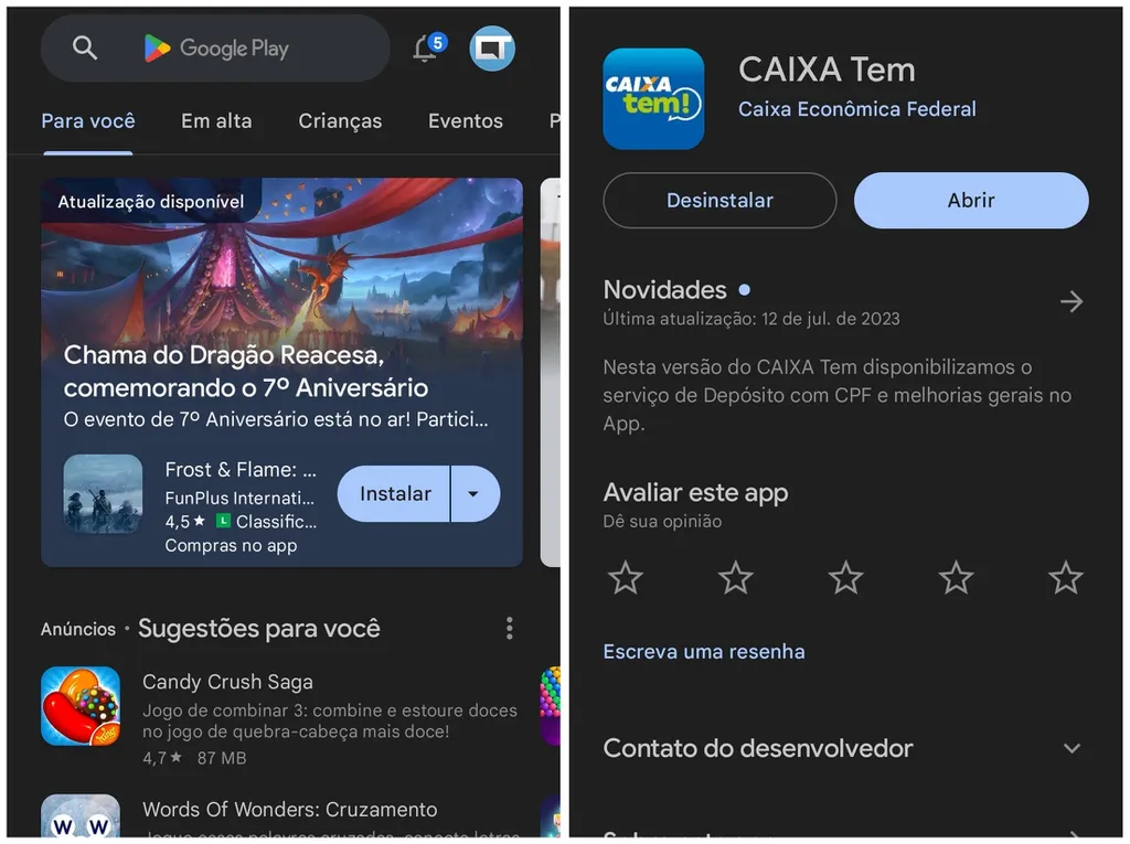 Atualize o Caixa Tem no Android (Imagem: Captura de tela/Thiago Furquim/Canaltech)