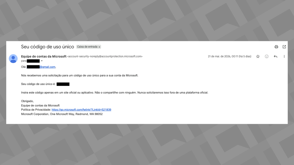 E-mails legítimos com código de acesso e recuperação de contas da Microsoft são enviados mesmo sem a solicitação de usuários (Imagem: Captura de tela/Canaltech)