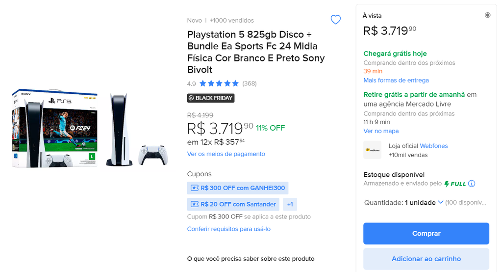 Playstation 5 825gb Disco + Bundle Ea Sports Fc 24 Midia Física Cor Branco  E Preto