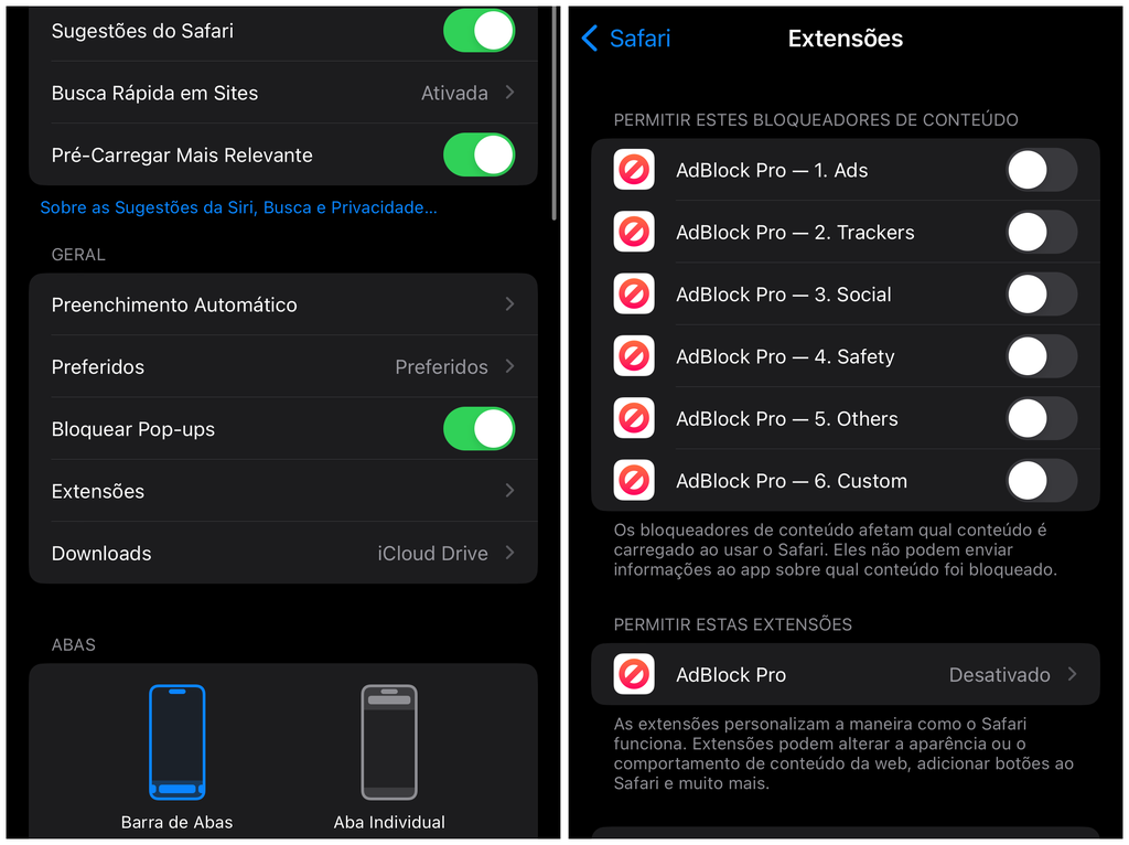 Desative o AdBlock no Safari pelos ajustes do iOS (Imagem: Captura de tela/Thiago Furquim/Canaltech)