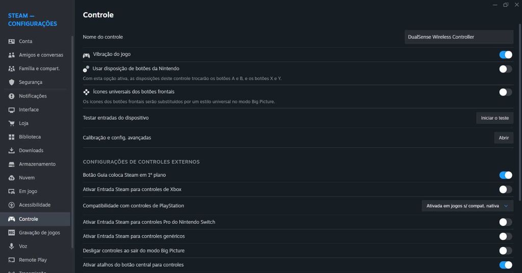Imagem das configurações do DualSense no Steam