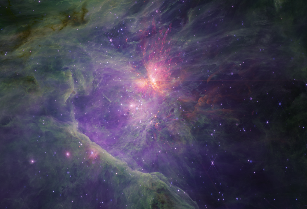 Nebulosa de Órion e Aglomerado do Trapézio em comprimentos de onda longos, que mostram o gás, poeira e moléculas na região (Imagem: Reprodução/NASA, ESA, CSA/M. McCaughrean, S. Pearson)