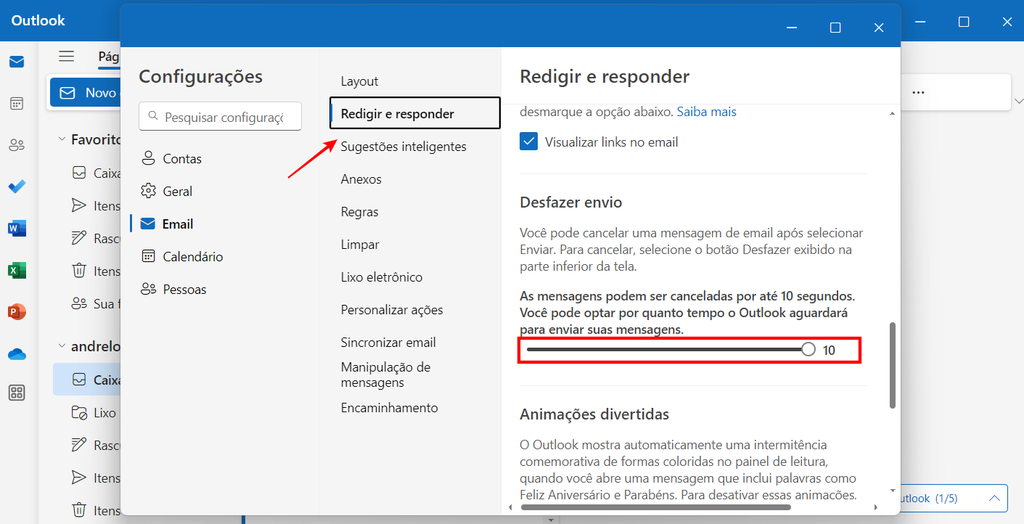 É possível estabelecer um tempo no Outlook para você poder desfazer o envio de um e-mail (Imagem: Captura de tela/André Magalhães/Canaltech)