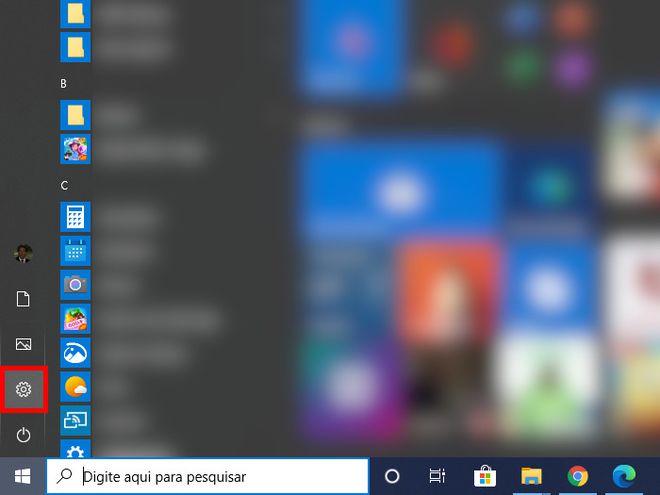 Abra o menu "Iniciar" do Windows e clique no ícone de "Configurações" (Captura de tela: Matheus Bigogno)