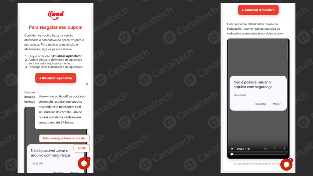 Página da web que se passa pelo iFood tem até vídeo para ensinar vítimas a baixar o APK falso (Imagem: Captura de tela/Canaltech)