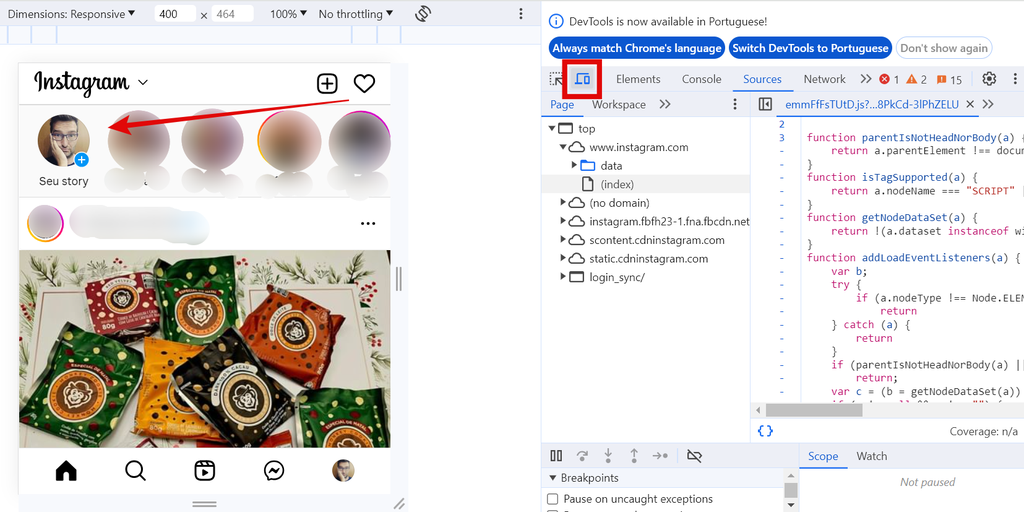 Altere o modo de exibição para habilitar a função de criar Stories no Instagram pelo Google Chrome (Imagem: Captura de tela/Guilherme Haas/Canaltech)