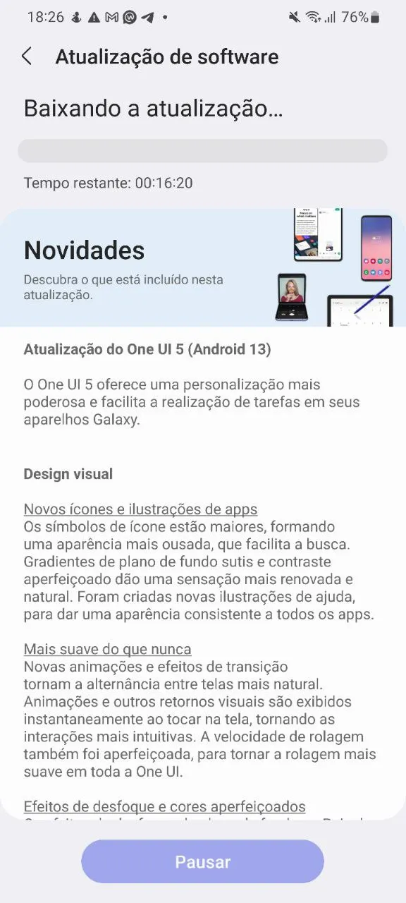 A atualização com a One UI 5 baseada no Android 13 enfim chegou ao Galaxy S21 brasileiro (Imagem: Renan da Silva/Canaltech)