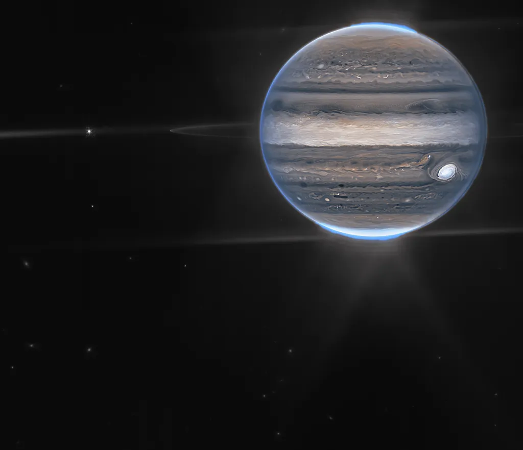 Júpiter fotografado pelo instrumento NIRCam (Imagem: Reprodução/NASA, ESA, CSA, Jupiter ERS Team/Ricardo Hueso (UPV/EHU) and Judy Schmidt)