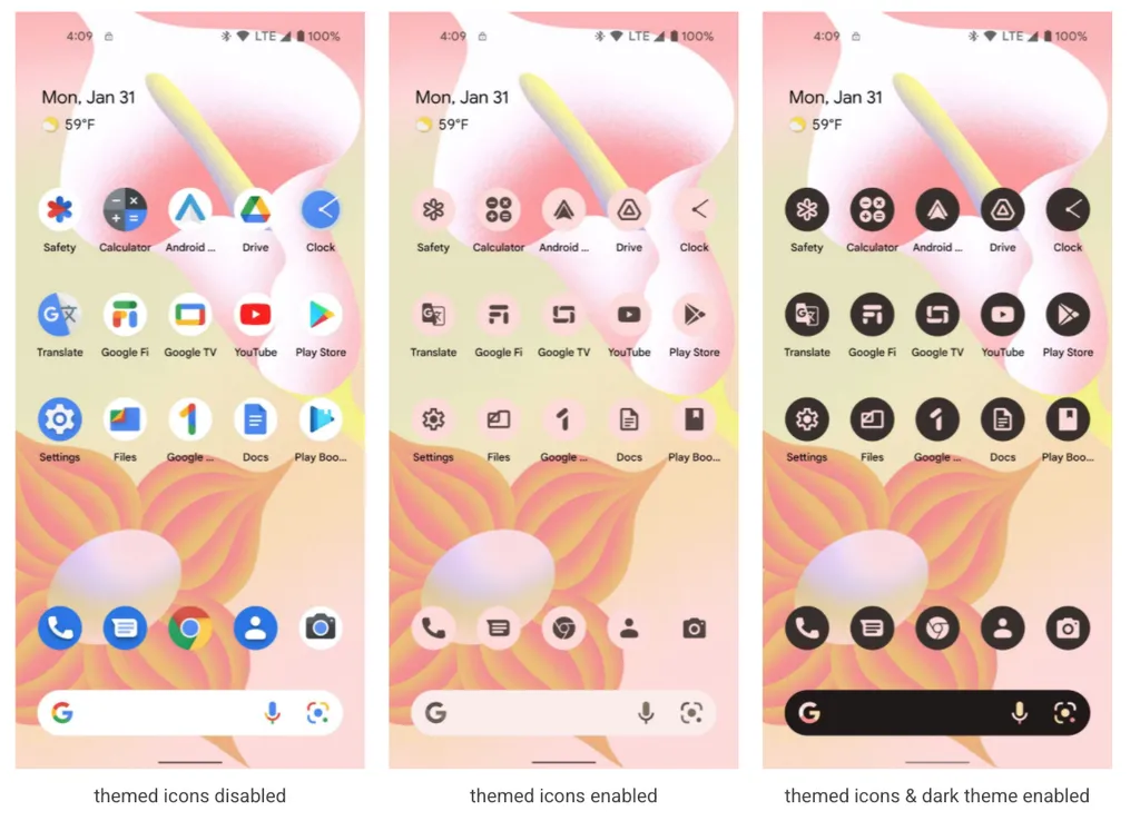 Novas cores para ícones com base no papel de parede escolhido são algumas das novidades do Android 13 (Imagem: Reprodução/Google)