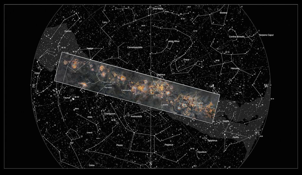 Localização do plano galactico da Via Láctea em nosso céu (Imagem: Reprodução/JP Metsavainio)
