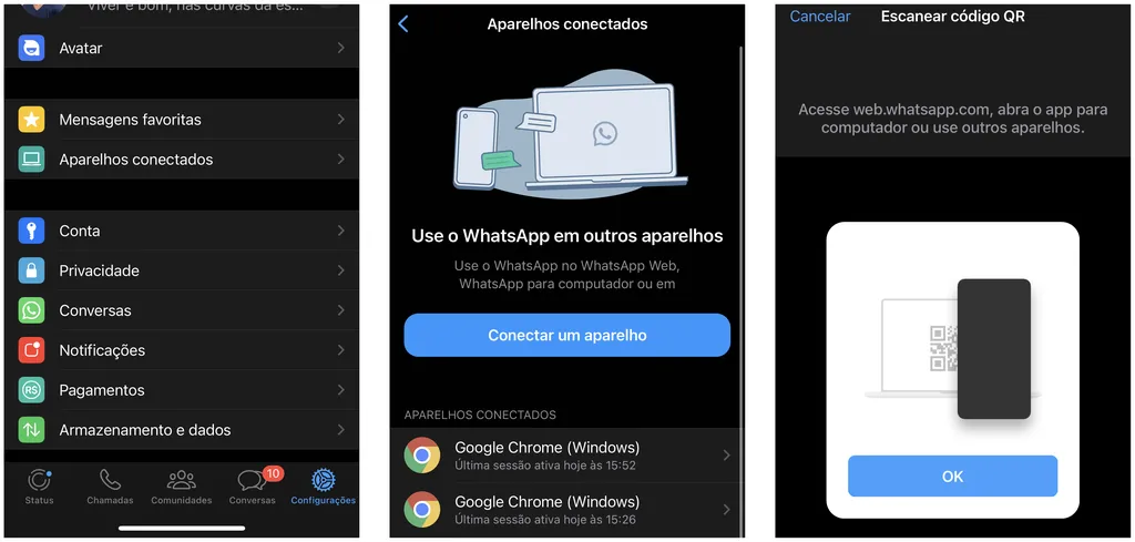 Escaneie o QR Code em um celular secundário pelo WhatsApp no iPhone (Imagem: Captura de tela/Thiago Furquim/Canaltech)
