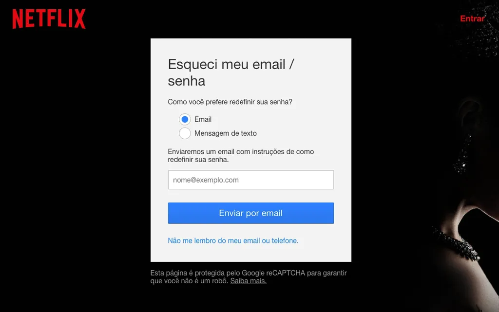 Como recuperar a senha da Netflix: use seu e-mail ou telefone para redefinir a senha (Captura de tela: Caio Carvalho)