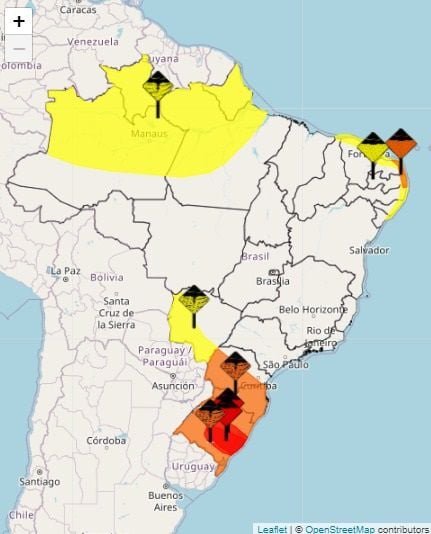 São emitidos alertas de chuvas e possíveis enchentes no Rio Grande do Sul (Imagem: Reprodução/Inmet)