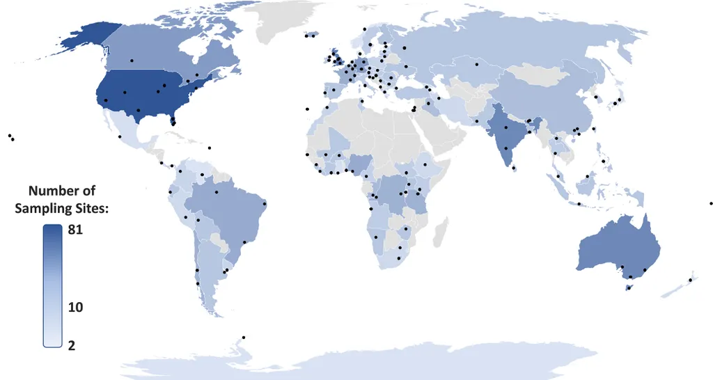 Análise recente buscou amostras em todo o mundo, como indicado pelo mapa (Imagem: Wilkinson et. al/PNAS)
