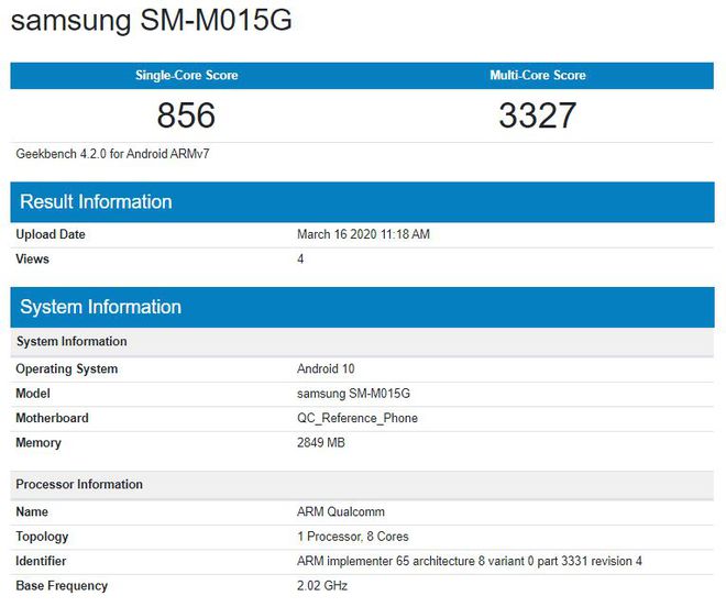 Suposto Galaxy M01 em ferramenta de benchmark (Imagem: Reprodução/GeekBench)