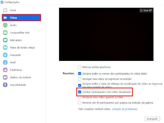 Abra a janela de "Configurações", selecione o item "Vídeo" para ocultar participantes sem câmera (Captura de tela: Matheus Bigogno)