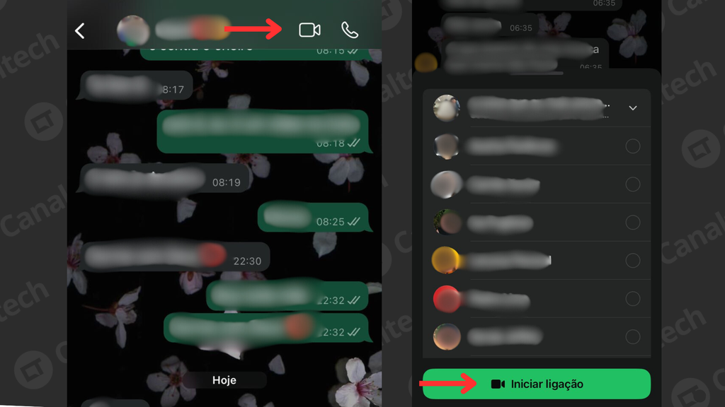 O processo para fazer uma videochamada com até 32 pessoas no WhatsApp é o mesmo para iOS e Android (Imagem: Captura de tela/Emanuele Almeida/Canaltech)