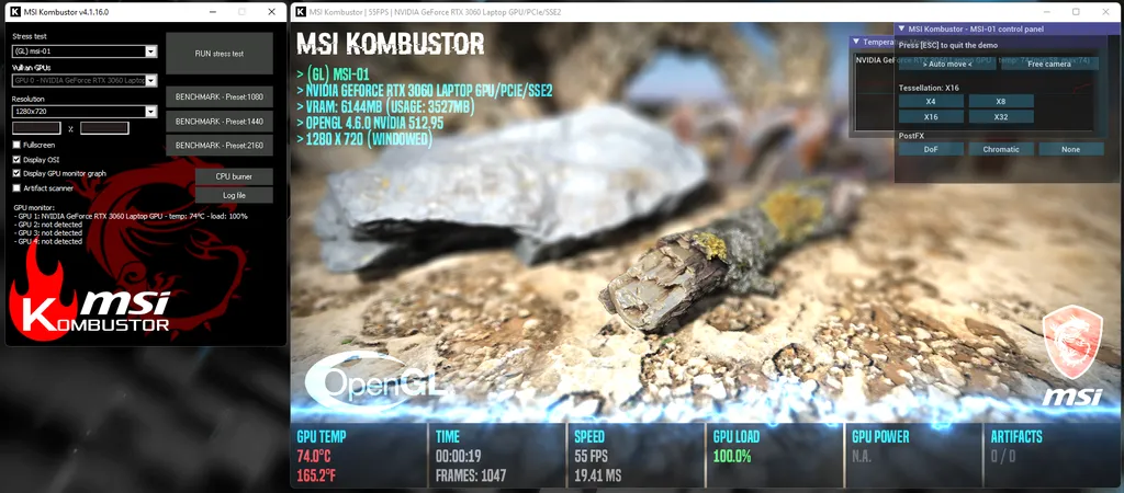 O MSI Kombustor é baseado no FurMark, mas traz testes e ferramentas adicionais como aplicação de tesselação e profundidade de campo (Imagem: Renan da Silva Dores/Captura de tela)