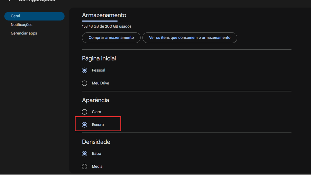 Como ativar o modo escuro do Google Drive na web (Imagem: Captura de tela/André Lourenti Magalhães/Canaltech)