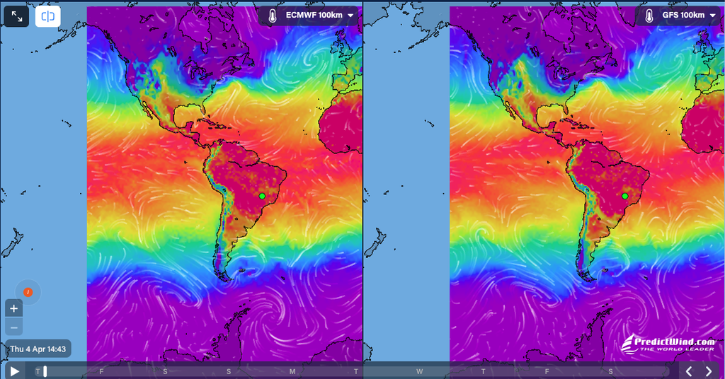Modelos mostram formação de ar frio em zona de baixa pressão ao sul do país (Imagem: PredictWind.com)