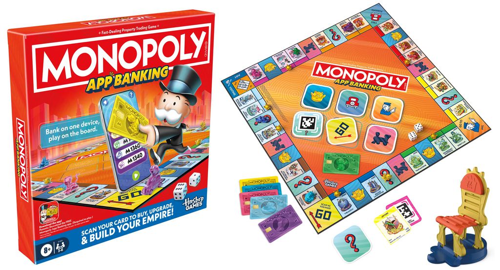 Caixa, tabuleiro e peças do jogo Monopoly App Banking