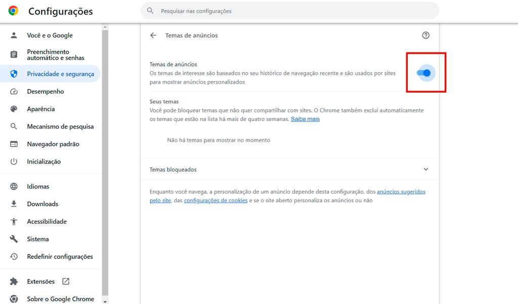 Desabilite a função nas configurações do Chrome (Imagem: Captura de tela/André Magalhães/Canaltech)