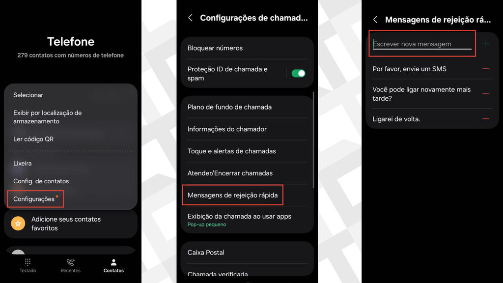 Passos para configurar mensagem automática para ligações não atendidas