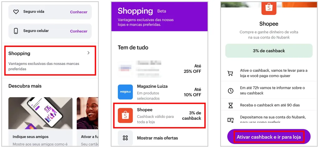 Veja como ativar o cashback da Shopee no app do Nubank através da aba "Shopping" (Captura de tela: Matheus Bigogno)