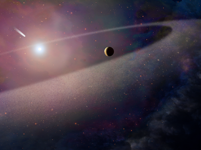 Ilustração de um objeto semelhante a um cometa que caiu em uma anã branca a aproximadamente 170 anos-luz da Terra. O evento foi detectado pelo telescópio Hubble e anunciado em 2017. O objeto era semelhante ao Cometa Halley na composição química, mas 100.000 vezes mais maciço, com uma quantidade muito maior de água. Também era rico em elementos essenciais para a vida, incluindo nitrogênio, carbono, oxigênio e enxofre (Imagem: NASA)