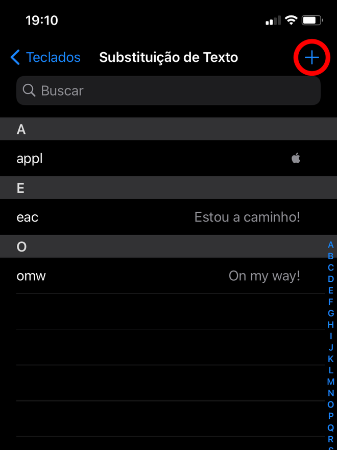 Toque no botão "+" (mais) para inserir um novo atalho - Captura de tela: Thiago Furquim (Canaltech)