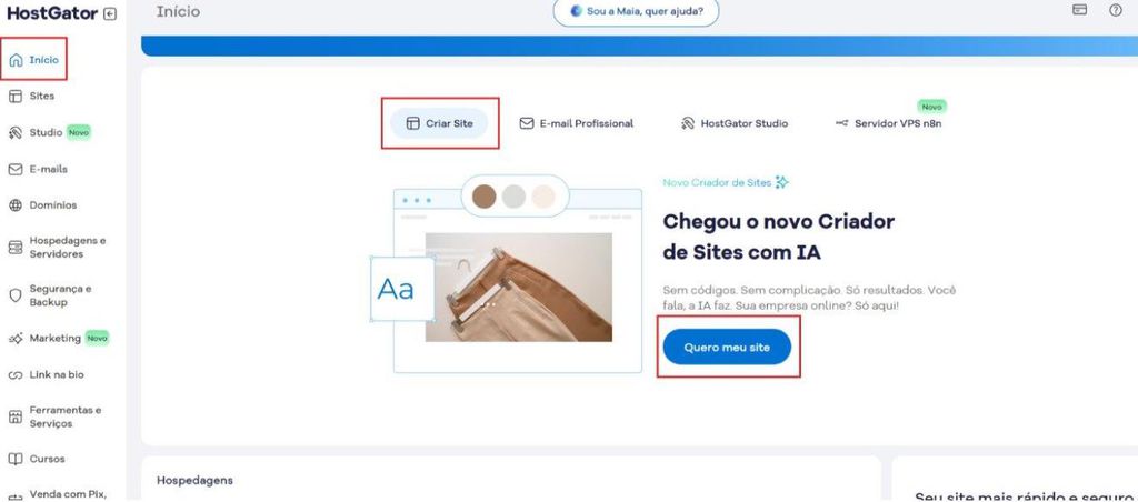 Criador de sites da HostGator (Imagem: Reprodução)