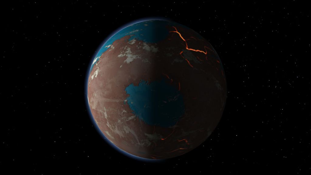 Ilustração que mostra como Marte pode ter sido em seus dias iniciais, com sinais de água líquida, atividade vulcânica em larga escala e bombardeio pesado de projéteis planetários (Imagem: SwRI / Marchi)