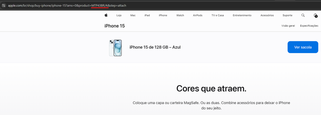 O link da loja oficial da Apple dá indícios da fabricação nacional do iPhone 15 — note o final "BR/A" sublinhado em vermelho no endereço (Imagem: Captura de tela/Canaltech)