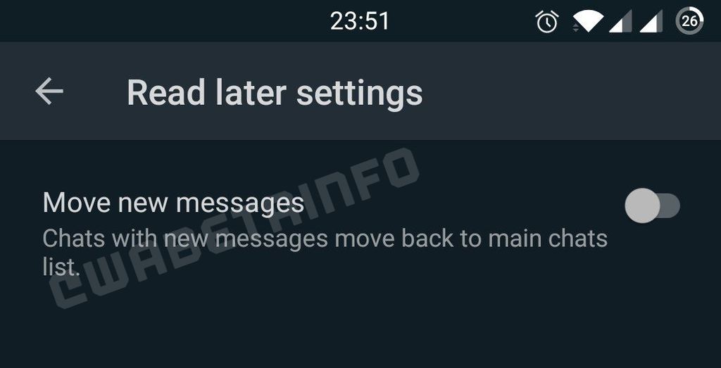 Recurso terá opção para que novas mensagens retornem o contato à lista de conversa ao receber novas mensagens (Imagem: reprodução/WABetaInfo)