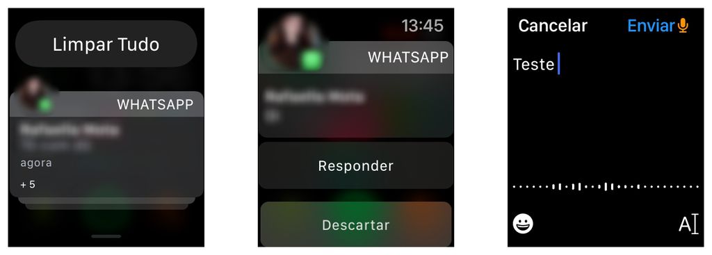 O WhatsApp do iOS permite algumas formas de interação no Apple Watch com as mensagens recebidas no iPhone (Captura de tela: Lucas Wetten)
