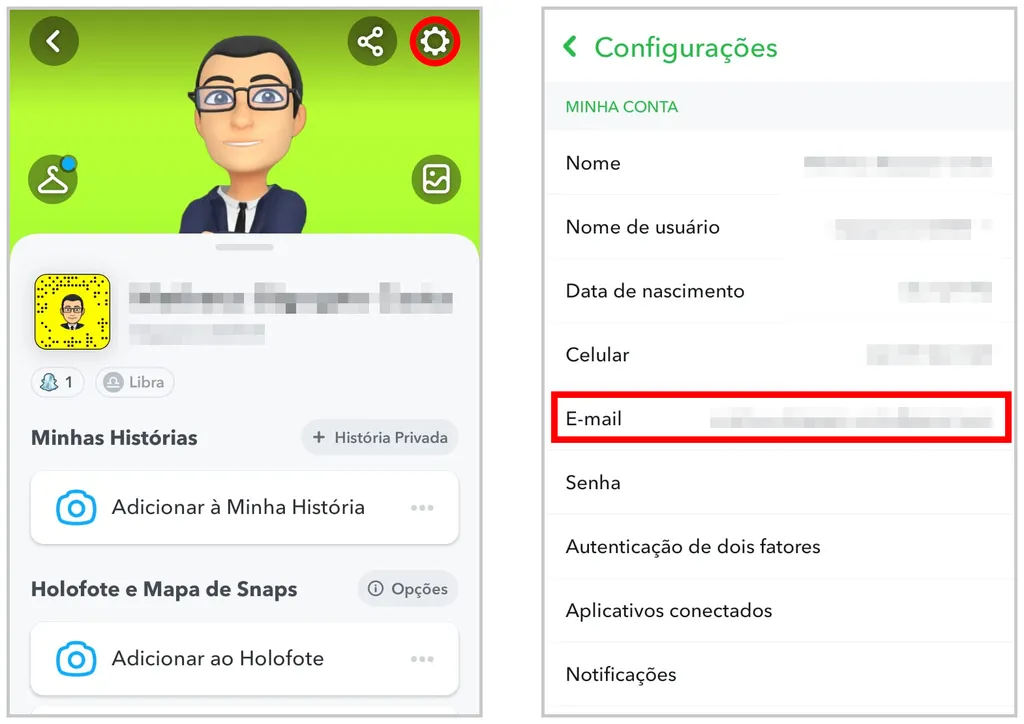 Acesse as "Configurações" do Snapchat e toque em "E-mail" (Captura de tela: Matheus Bigogno)