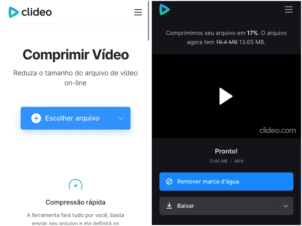 Use o Clideo para compactar vídeos rapidamente (Imagem: Captura de tela/Thiago Furquim/Canaltech)