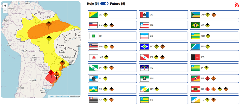 Mapa do Brasil, desenvolvido pelo Inmet, sobre a previsão de chuvas no fim de semana